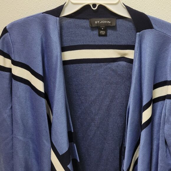 St. John’s Draped Waterfall Open Cardigan Blue White Stripe Knit Wool Blend M - Picture 9 of 11